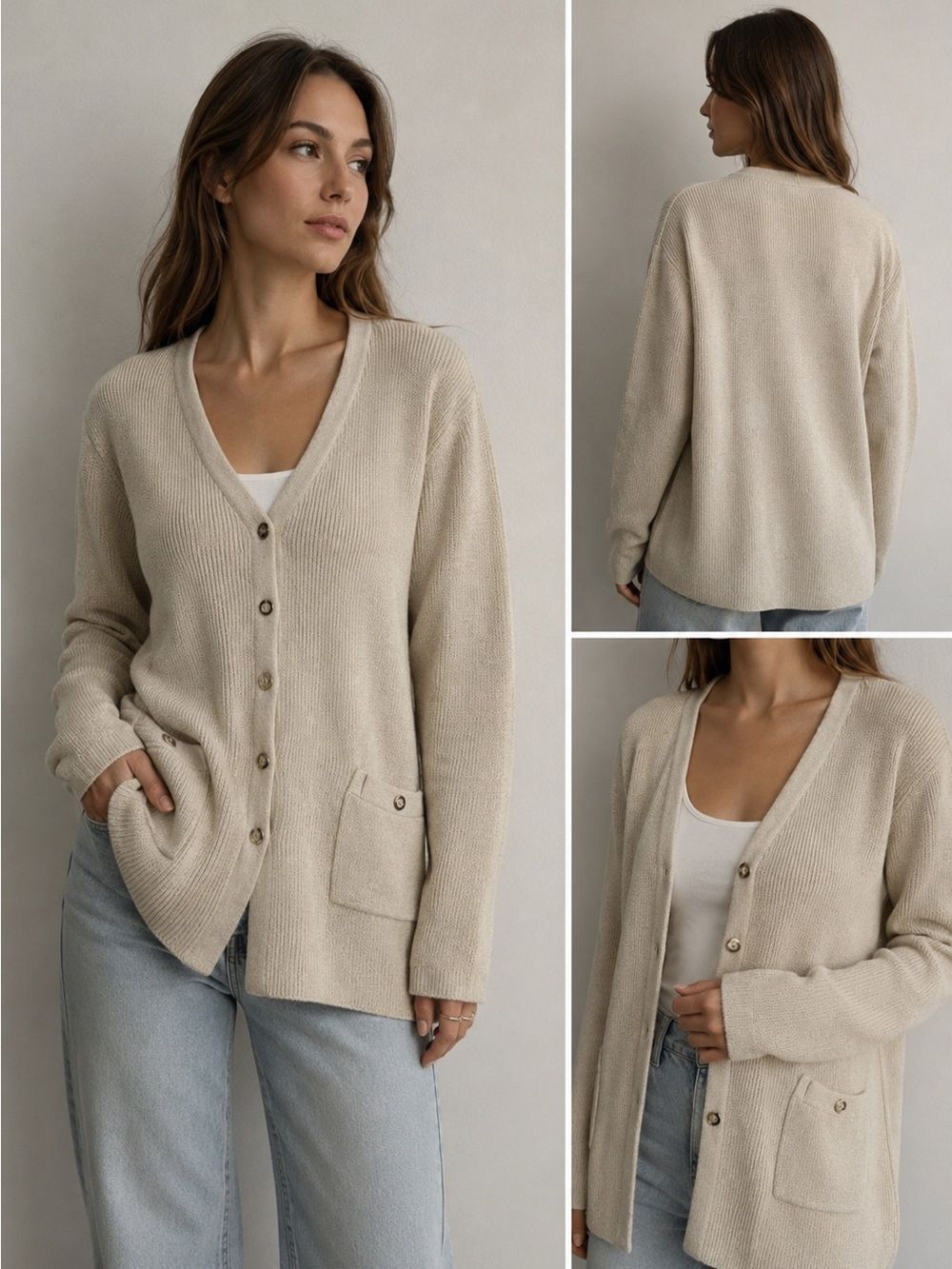 ST. JOHN SPORT Textured Knit V-Neck Button-Up Cardigan Tan Sz M See Description